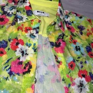 MGSM Milano sequined floral print button up shirt with neon and bright colors